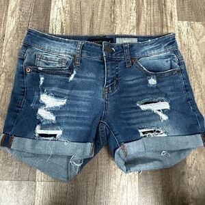 Aeropostale Denim Shorts Midi Distressed Cuffed Hem Blue Wash Size 0‎ 26"